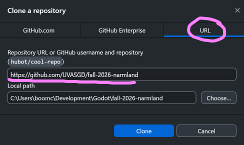 Click the URL tab and paste the repository URL